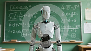 Cute Educational Robot Standing in Classroom with Blackboard