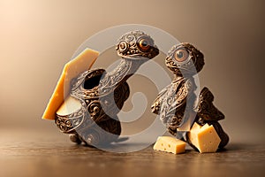Cute and eerie duality depicted figures with cheese inside, AI generated