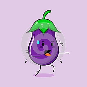 cute eggplant character with afraid expression and run