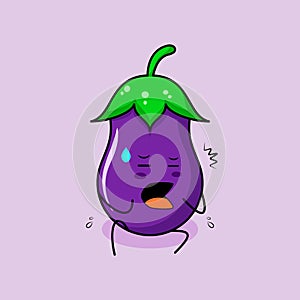 cute eggplant character with afraid expression and sit down