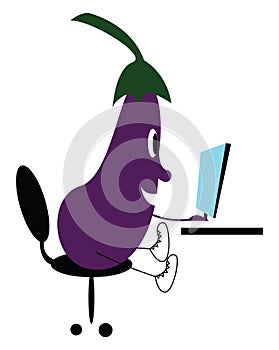 A cute eggplant emoji working in front of a blue computer screen vector color drawing or illustration