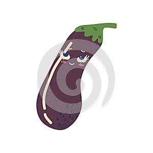 Cute Eggplant with Smiling Face, Adorable Funny Vegetable Cartoon Character Vector Illustration