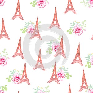 Cute Eiffel towers floral seamless vector pattern