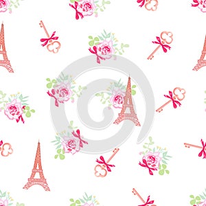 Cute Eiffel towers and keys floral seamless vector pattern