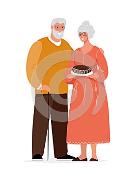 Cute elderly couple. Grandmother and grandfather. Grandpa with a cane and glasses hugs his wife. Happy granny with a pie. Flat