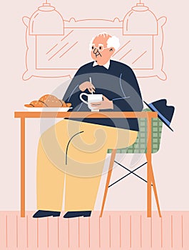 Cute elderly man drinking coffee or tea and eating croissant, cafe interior - flat vector illustration.