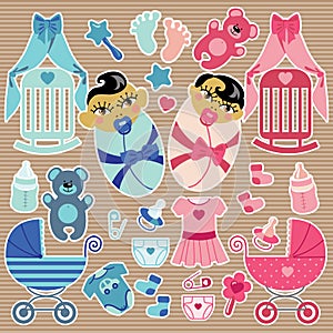 Cute elements for Asian baby twins boy and girl