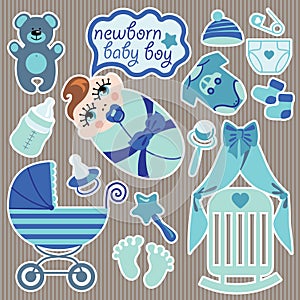 Cute elements for European newborn baby boy.