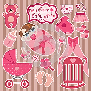 Cute elements for European newborn baby girl.