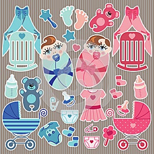 Cute elements for European newborn baby twins