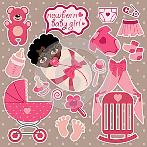 Cute elements for mulatto newborn baby girl.