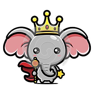 Cute elephant animal cartoon characters become a king wearing a crown and a stick