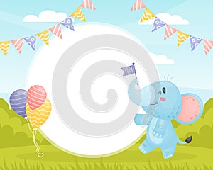 Cute Elephant Animal Parade with Flag and Balloon Note Frame Vector Template