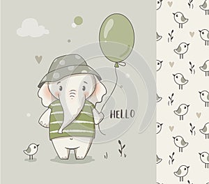 Cute elephant baby boy card and seamless pattern.