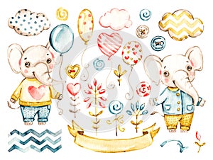 Cute elephant baby boy. Watercolor vector nursery cartoon jungle animals, cute clouds, balloons. Adorable Nurseries