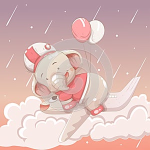 Cute elephant baby floating in the sky driving a plane. vector hand drawn cartoon