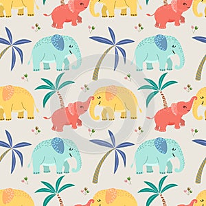 Cute elephant baby and mom with palm tree pattern.