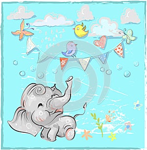 Cute elephant with balloon hand drawn vector illustration. Can be used for t-shirt print, kids wear fashion design, baby