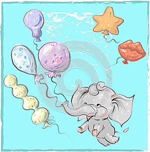 Cute elephant with balloon hand drawn vector illustration. Can be used for t-shirt print, kids wear fashion design, baby