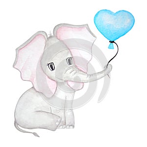 Cute elephant with balloon. Watercolor hand drawn illutration.