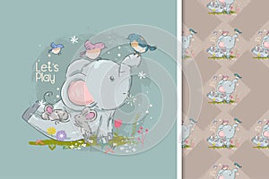 cute elephant and birds cartoon and seamless pattern