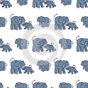 Cute Elephant and Calf Cartoon Seamless Vector Pattern. Hand Drawn African Animal Tile. All Over Print For Wildlife Blog