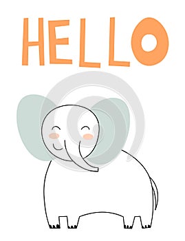 Cute elephant card tile greeting Text Hello cartoon for t-shirt, print, product, flyer, patch, fabric, textile, fashion