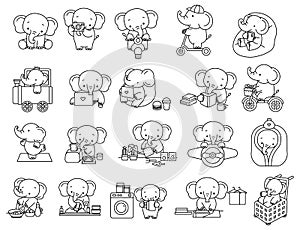 Cute elephant cartoon bundle outline,hand drawn, for kids,baby characters, wedding,card.vector