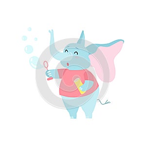 Cute Elephant Cartoon Character Blowing Soap Bubbles Vector Illustration