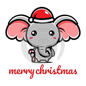 Cute elephant cartoon character celebrating christmas wearing santa claus hat