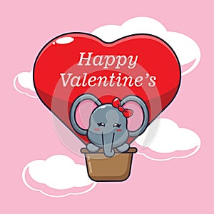 Cute elephant cartoon character fly with air balloon in valentine\'s day.
