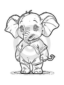 Cute Elephant Cartoon Outline Black and White Coloring Book Vector Illustration