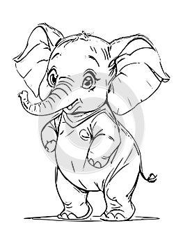 Cute Elephant Cartoon Outline Black and White Coloring Book Vector Illustration