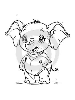 Cute Elephant Cartoon Outline Black and White Coloring Book Vector Illustration