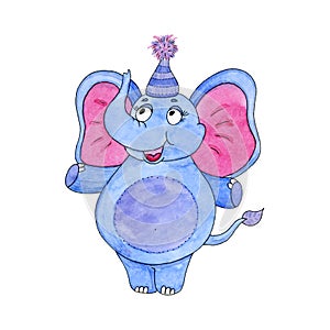 Cute elephant cartoon watercolor illustration. Hand drawn illustration