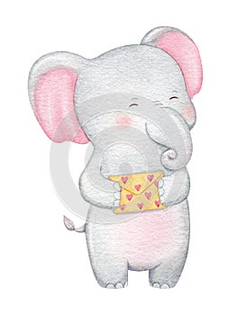 Cute elephant character in love. Hand painted watercolor illustration