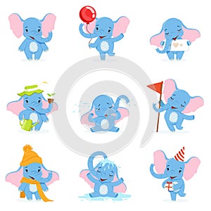 Cute elephant character set, funny baby elephant in different poses and situations vector Illustrations