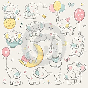 Cute elephant collection. Cartoon animals, vector illustration