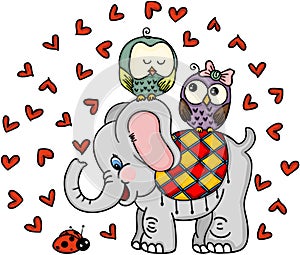 Cute elephant with couple owls and ladybug