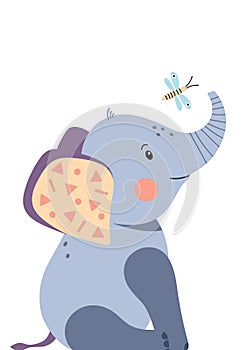 Cute elephant and dragonfly. Poster for baby room.