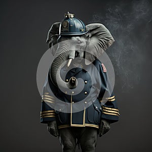 Cute elephant firefighter. Fireman animal head. Generative AI