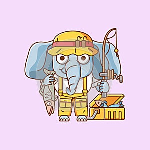 Cute elephant fisher fishing animal chibi character mascot icon flat line art style illustration concept cartoon