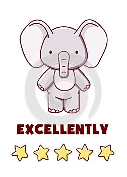 Cute elephant with five stars cartoon kawaii excellently flat hand drawn isolated on white background