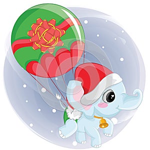 Cute elephant flying on a christmas balloon. Graphic element for christmas day, children book, album, scrapbook, postcard