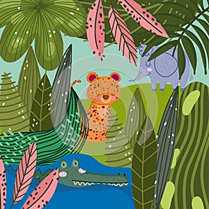 Cute elephant leopard and crocodile in the water foliage nature cartoon