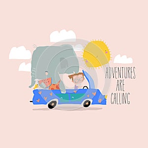 Cute Elephant and little girl traveling in car