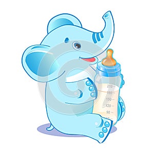 Cute elephant with milk bottle. Welcome baby boy.