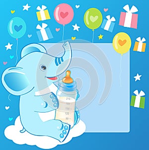 Cute elephant with milk bottle. Welcome baby boy card.