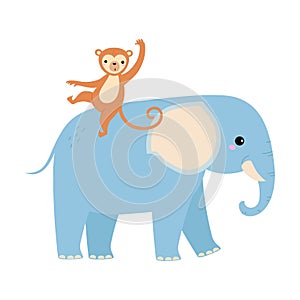 Cute Elephant and Monkey Baby Animals, Exotic Tropical Fauna Element, African Savanna Inhabitant Cartoon Vector