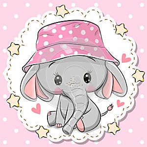 Cute Elephant in panama hat on a pink background